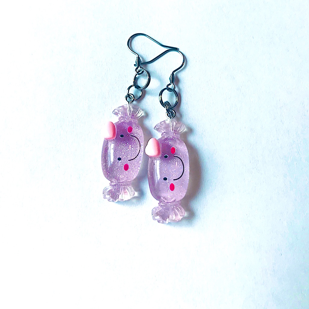 Purple Glittery Sparkling Kawaii Candy Aesthetic Handmade Stainless Earrings